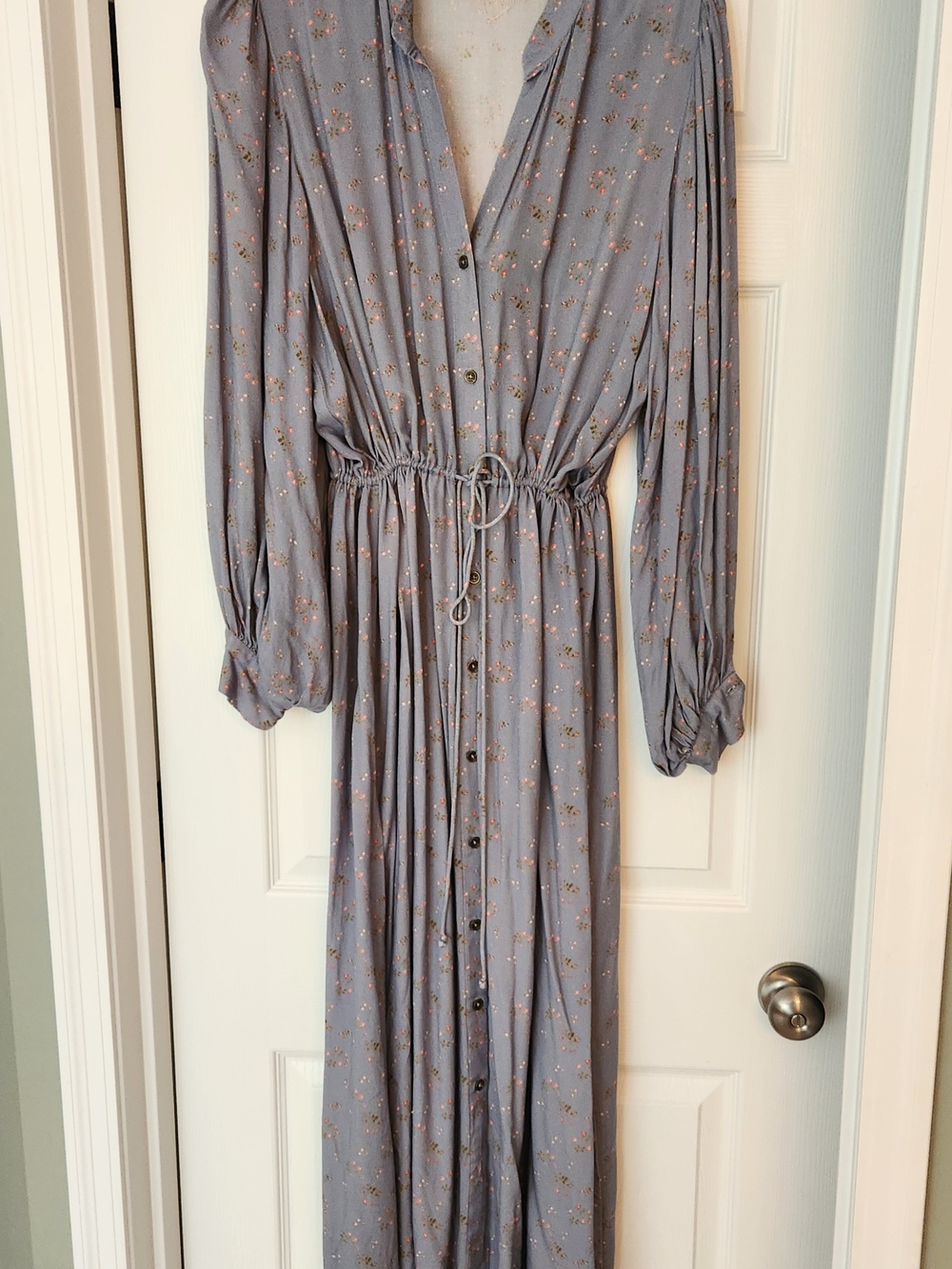 Size L, Jen's Pirate Booty Dusty Blue Floral Button-Front Maxi Dress